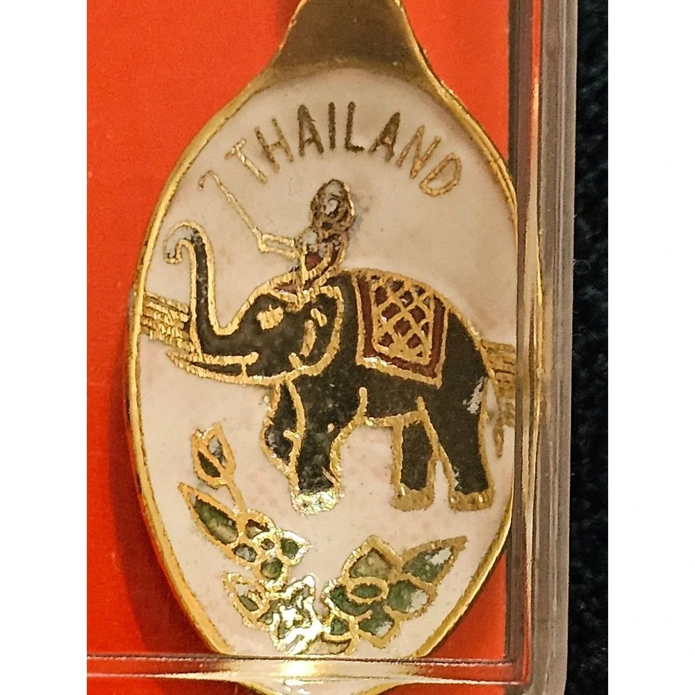 Vintage King Power Thailand Souvenir Spoon Gold Tone Enamel Elephant Erawan